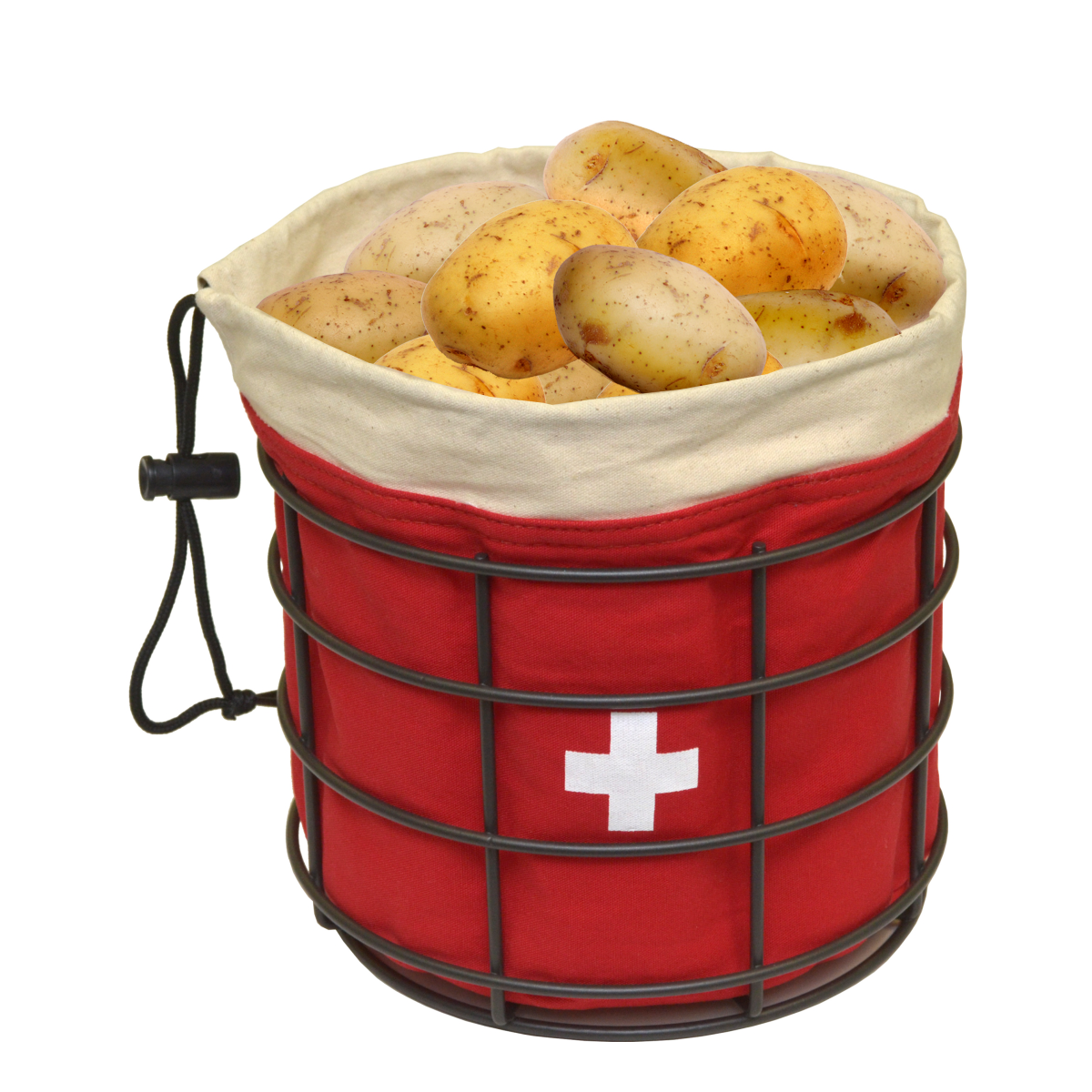 Sac patates rouge croix suisse 19 x 21 cm avec corbeille en fil gris